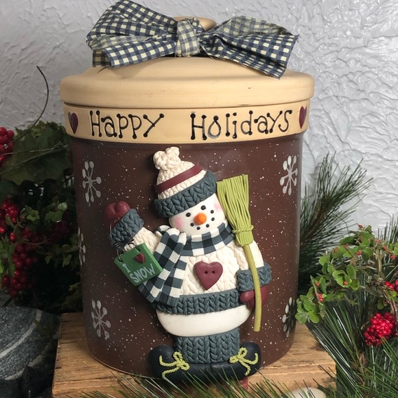 None Other - Canister Happy Holidays Snowman Cookie Treat Candy Decor Sealed Jar